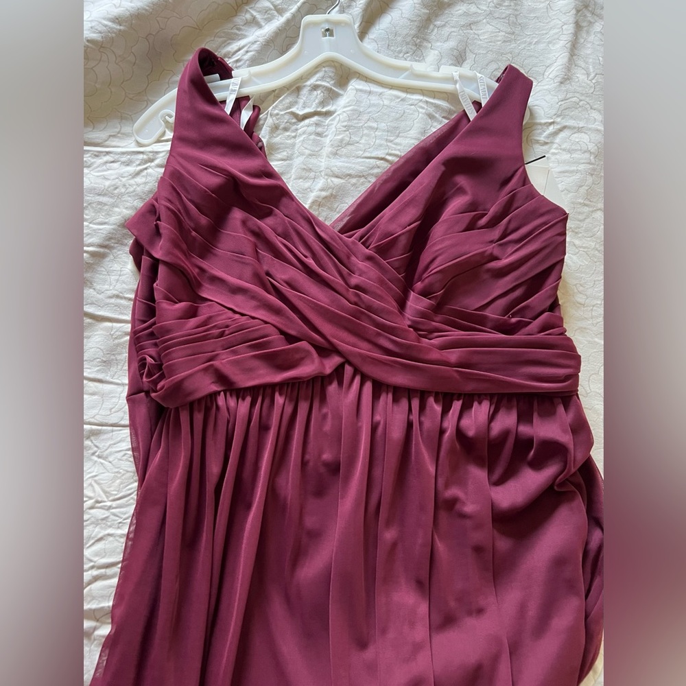 David’s Bridal Long Mesh Wine Bridesmaid Dress with Cowl Back